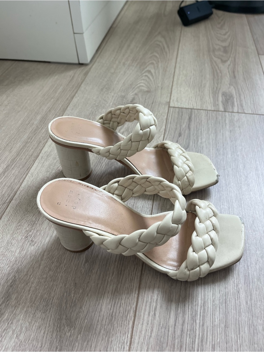 Braided Double-Strap Block Heel Sandals in Cream